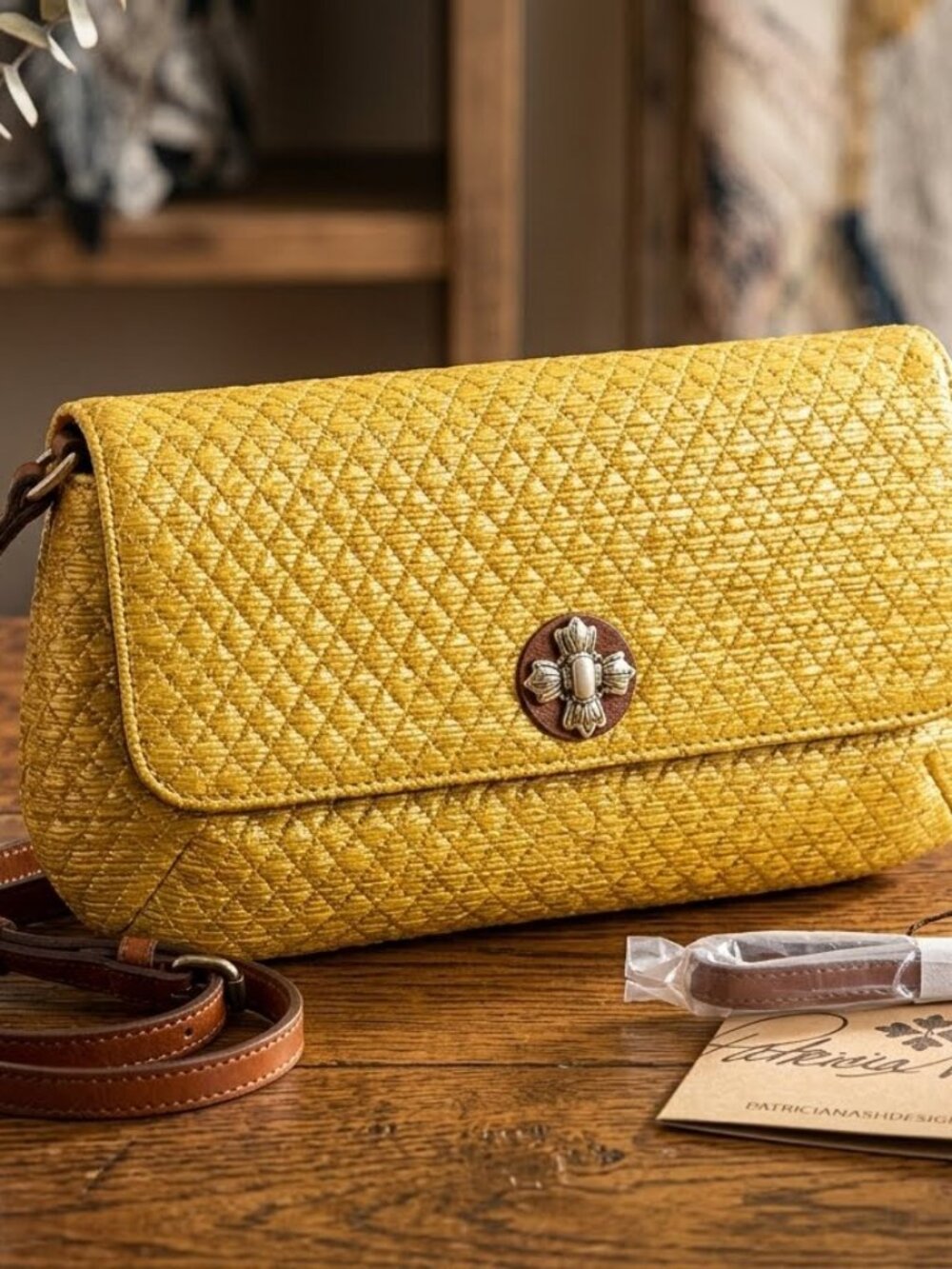 Patricia Nash Caprina Yellow Wristlet Crossbody diamond weave Purse handbag